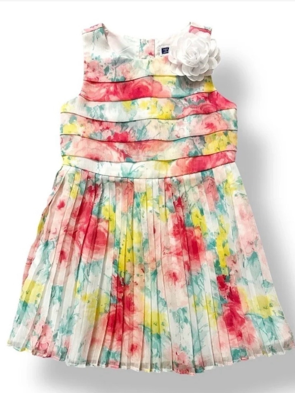 Janie and Jack Multicolor Watercolor Floral Pleated Dress with White Flower